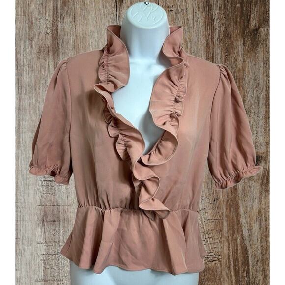 Forever 21 Mauve Blouse Sz M Ruffled V-Neck Puff Short Sleeve Top Shirt NEW - Picture 1 of 6